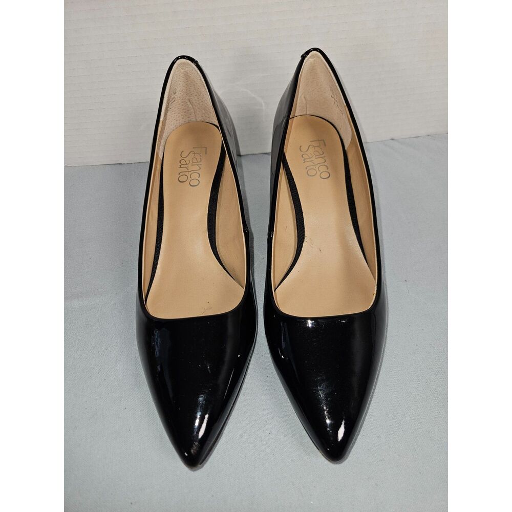 Franco Sarto Elvia Black Patent Leather Pointed Toe Block Heel Pumps Size 9 M